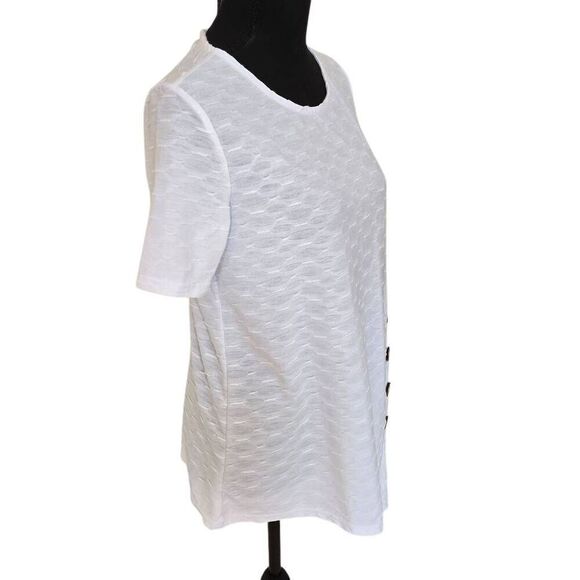 Multiples Womens Geometric Jacquard Side Button Short Sleeve Top White Small - Picture 3 of 10